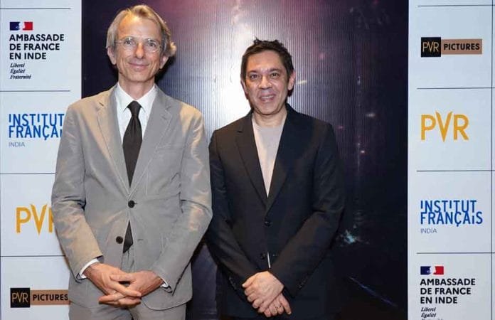 His-Excellency-Emmanuel-Len His Excellency Emmanuel Lenain (Ambassador of France to India) and Mr. Sanjeev Kumar Bijli, Joint Managing Director, PVR Ltd. at the India premiere of Notre Dame on Fire at PVR Directors Cut, Vasant Kunj