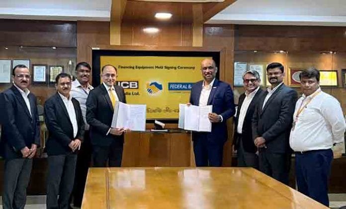Federal-Bank-partners-with- Caption for the photo - Seen in the picture (From Left to Right) - Mr. Anuj Tomar, Head - Retail Finance, JCB India, Mr. Shekhar Iyer, Vice President & Head – CV/CE Business, Federal Bank, Mr. Manikandan R R, Deputy Vice President 1 & Head – Commercial Transportation Group, Mr. Shyam Srinivasan, MD & CEO, Federal Bank, Mr. Deepak Shetty, CEO & MD, JCB India, Mr. Rohit Sood, Senior Vice President, JCB India, Mr. Arun Avinashilingam, Business Head - Tamil Nadu & Kerala, and Mr. Raghunath AV, Regional Manager -South & South Central, JCB India