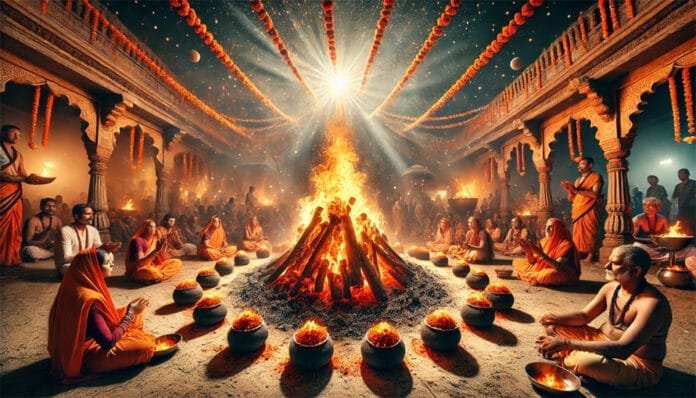 Holika-Dahan-fire Burning cow dung cakes in Holika Dahan creates sacred ashes that ward off negativity, protect your family, and even heal illnesses