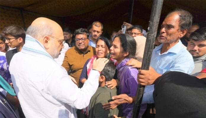 Amit Shah wipes away tears as he meets families of Pahalgam terror victims in Srinagar.