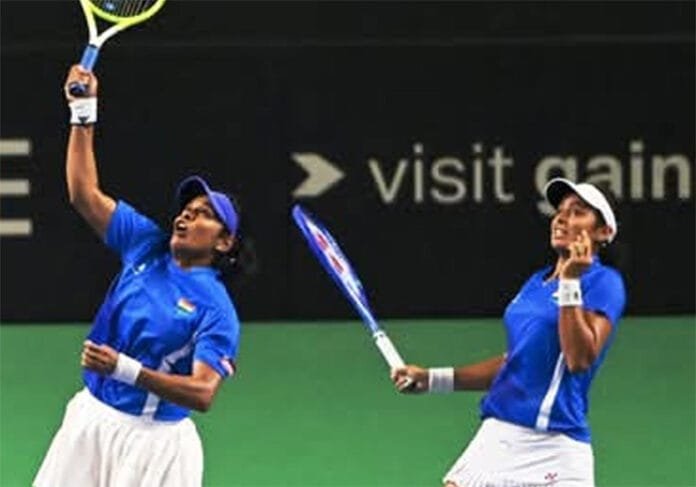 Vaidehi Chaudhary and Shrivalli Bhamidipati celebrate India’s win at Billie Jean King Cup 2025