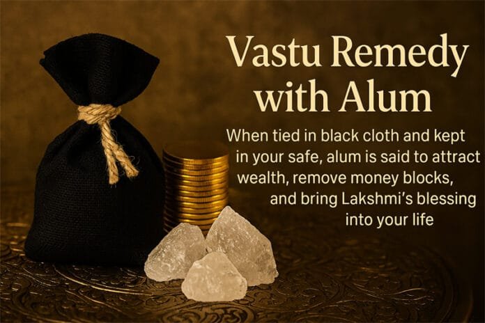 Vastu Remedy with Alum: When tied in black cloth and kept in your safe, alum is said to attract wealth, remove money blocks, and bring Lakshmi’s blessings into your life.