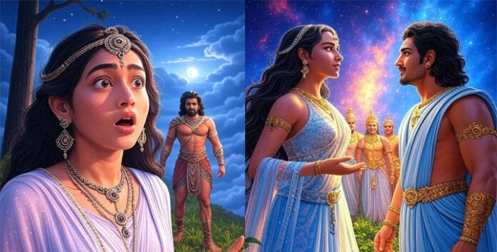 Urvashi, the celestial apsara, captivated by Arjun’s unmatched valor