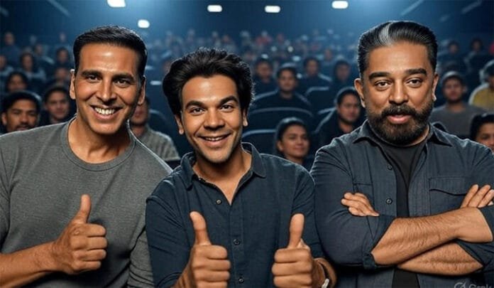 Akshay-Kumar-and-Rajkummar- Akshay Kumar and Rajkummar Rao with thumbs up, Kamal Haasan