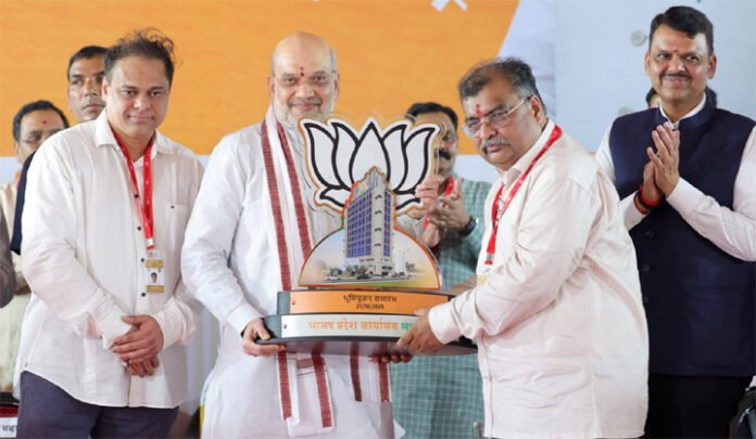 Amit-Shah-addressing-BJP-su Amit Shah addressing BJP supporters during Mumbai event, October 28, 2025, BJP Maharashtra headquarters ceremony.