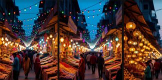 Festive Surge! India’s Diwali 2025 Trade Hits a Record ₹6.05 Lakh Crore on GST 2.0 & ‘Vocal for Local’ Push” Crowded Indian market during Diwali 2025 festive shopping rush