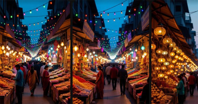 Crowded Indian market during Diwali 2025 festive shopping rush