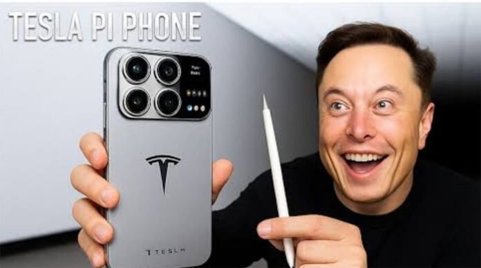 Elon-Musk-unveiling-Tesla-M Elon Musk unveiling Tesla Model Pi smartphone during product launch event 2025