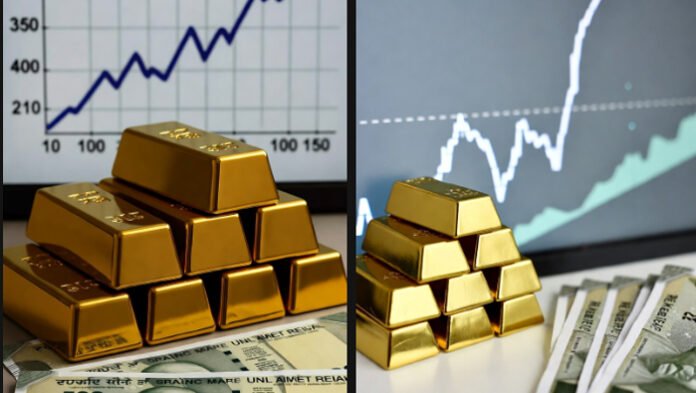 Gold bars and Indian rupee notes with price rise graph showing rebound in bullion rates