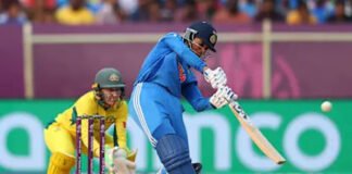 Australia Stuns India with Record-Breaking Chase in Women’s World Cup 2025 Thriller Harmanpreet Kaur playing a cover drive during her innings.