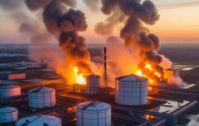 Oil tanks and pipelines affected by drone attack in Russia