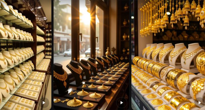 Rows of gold jewellery displayed in a Mumbai shop amid price drop