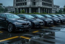 Lokpal Under Fire for Tender to Buy Seven BMW Cars Worth Over ₹4 Crore Seven BMW cars parked in front of a government office as part of Lokpal tender controversy.