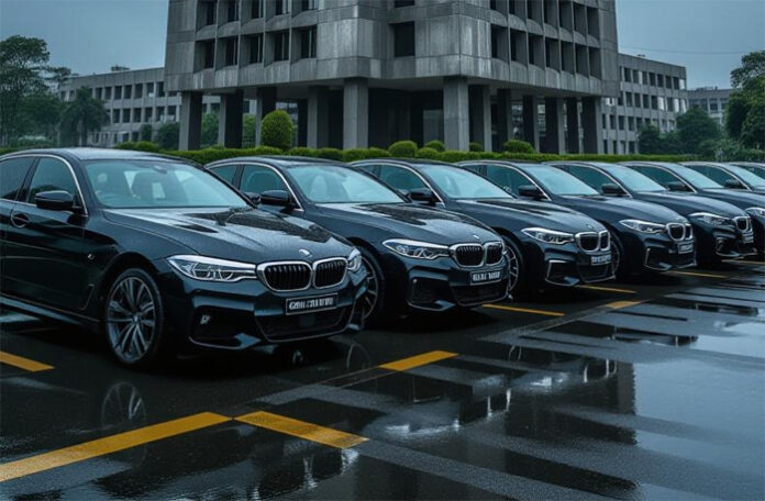 Seven BMW cars parked in front of a government office as part of Lokpal tender controversy.