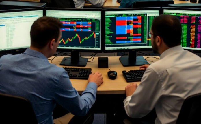 Stock-brokers-analyzing-liv “Stock market traders tracking Sensex and Nifty as Indian markets gain amid global cues.”