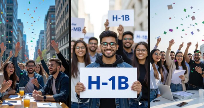 Students and tech workers celebrating H-1B visa fee exemptions