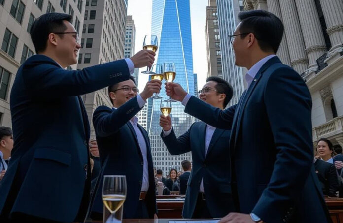 Traders celebrating on Wall Street after US-China trade deal announcement