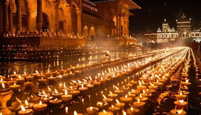 Millions of diyas lit along Ayodhya ghats during Deepotsav 2025.