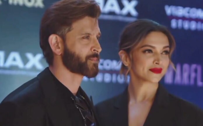 Hrithik Roshan and Deepika Padukone as IAF pilots in Fighter 2 poster with fighter jets in background