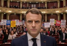 France on the Brink: Macron’s Fragile Majority Triggers Political Chaos and Nationwide Unrest Protesters wave French flags outside the National Assembly in Paris amid France’s political crisis 2025
