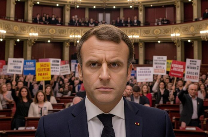 france-political-crisis-202 Protesters wave French flags outside the National Assembly in Paris amid France’s political crisis 2025