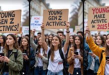 Gen Z Takes Center Stage: How the Next Generation is Shaping Global Politics Young Gen Z activists at a political rally holding placards and smartphones in 2025
