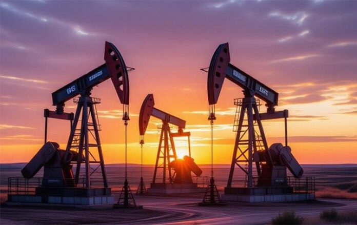 global-oil-prices-spike-us- oil pump jacks Russia Tatarstan outside Almetyevsk, global crude market 2025, traders monitor oil futures screens