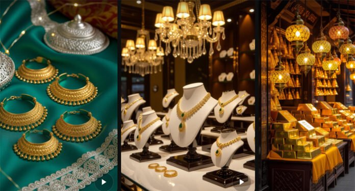 Gold coins and jewelry displayed for sale during Dhanteras 2025.