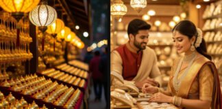 Gold and Silver Prices Dip Ahead of Diwali 2025: Festive Shoppers Monitor Precious Metal Rates Shoppers examining ornaments during Diwali shopping season