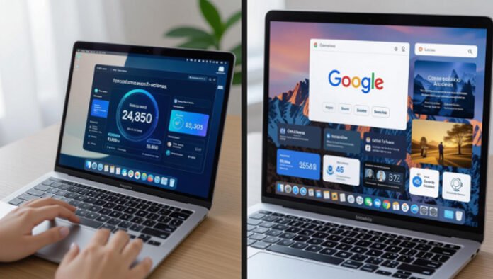 google-gemini-os-2025-launc Google Gemini OS interface on a laptop showing AI-powered apps and smart desktop features