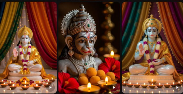 Illustration of Lord Hanuman blessing devotees on Chhoti Diwali