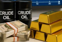 Indian Markets Surge as Oil Prices Rise, Rupee Slips, and Gold Holds Firm Stock market display board showing Sensex and Nifty indices, oil barrels, Indian rupee currency notes, and gold bars – India market update October 29 2025