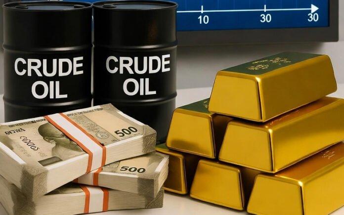 india-market-oil-gold-rupee Stock market display board showing Sensex and Nifty indices, oil barrels, Indian rupee currency notes, and gold bars – India market update October 29 2025