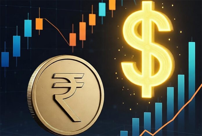 “Falling Indian rupee coin against rising US dollar symbol with stock chart in background – forex market India 2025.”