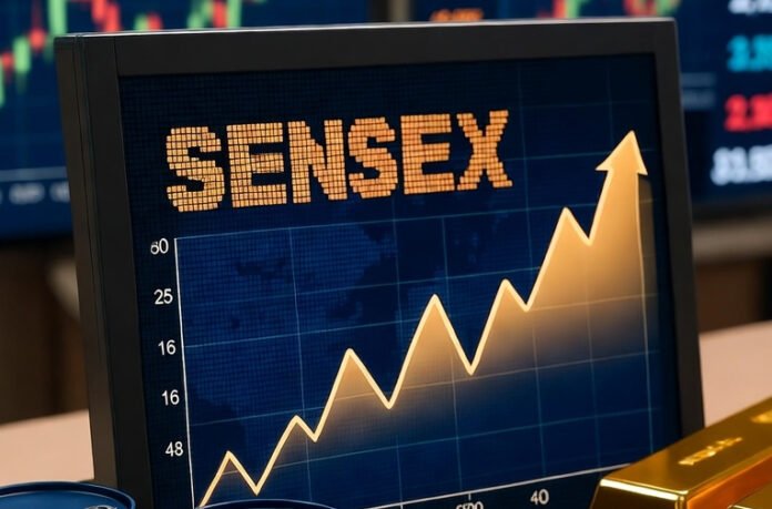 indian-stock-market-sensex- Indian stock traders tracking live Sensex and Nifty charts showing bullish momentum on October 29 2025