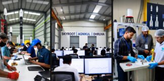 India’s Private Space Race: Skyroot vs Agnikul vs Others — Who Will Lead the Next Orbit Revolution? Private Indian space startups Skyroot, Agnikul, and Dhruva engineers working on launch vehicles