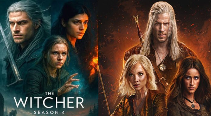 the-witcher-season-4-netfli Liam Hemsworth as Geralt of Rivia holding silver sword in The Witcher Season 4 on Netflix