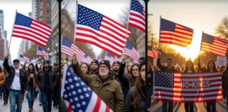 U.S. “No Kings” Protests Sweep the Nation: Millions March Against Trump Administration Protesters waving American flags during No Kings rallies in the U.S., October 2025.