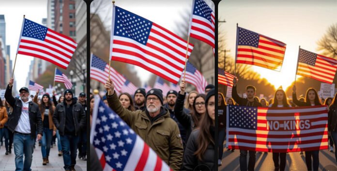 us-no-kings-protests-2025-t Protesters waving American flags during No Kings rallies in the U.S., October 2025.
