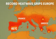 Record Heatwave Grips Europe, Triggers Emergency Measures Amid 45°C Temperatures Europe heatwave 2025 — map showing record 45°C temperatures in Spain and Italy, wildfires in Greece, and drought in France