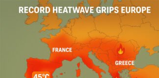 Record Heatwave Grips Europe, Triggers Emergency Measures Amid 45°C Temperatures Europe heatwave 2025 — map showing record 45°C temperatures in Spain and Italy, wildfires in Greece, and drought in France