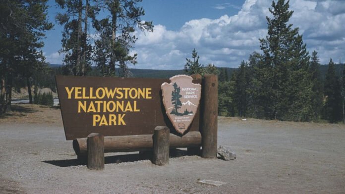 Tourists at Yellowstone National Park with “Entrance Fee” sign indicating raised prices for international visitors.