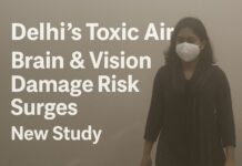 Brain Damage Risks Surge: Delhi’s Toxic Air Linked to Alzheimer’s, Dementia, and Eye Disorders, New Study Warns A woman in Delhi walks through heavy smog; study links long-term PM2.5 exposure to Alzheimer’s, dementia, and vision loss.