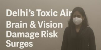Brain Damage Risks Surge: Delhi’s Toxic Air Linked to Alzheimer’s, Dementia, and Eye Disorders, New Study Warns A woman in Delhi walks through heavy smog; study links long-term PM2.5 exposure to Alzheimer’s, dementia, and vision loss.