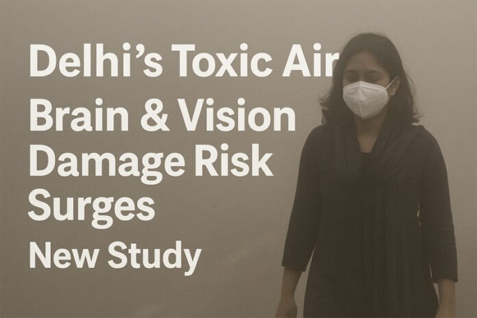 delhi-air-pollution-brain-h A woman in Delhi walks through heavy smog; study links long-term PM2.5 exposure to Alzheimer’s, dementia, and vision loss.