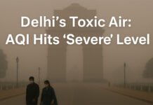 Delhi’s Severe Air Pollution Crisis: AQI Hits ‘Severe’ Levels as Smog Chokes the Capital Thick smog blankets India Gate in Delhi as air pollution reaches severe levels; people walk wearing masks amid poor visibility.