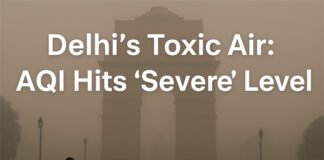 Delhi’s Severe Air Pollution Crisis: AQI Hits ‘Severe’ Levels as Smog Chokes the Capital Thick smog blankets India Gate in Delhi as air pollution reaches severe levels; people walk wearing masks amid poor visibility.