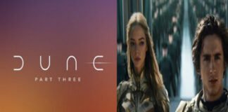 Denis Villeneuve Officially Confirms Dune: Part Three — Zendaya and Timothée Chalamet to Return for Final Chapter Zendaya and Timothée Chalamet in Dune: Part Two still, with announcement text confirming Dune: Part Three final installment.