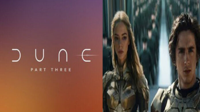 Zendaya and Timothée Chalamet in Dune: Part Two still, with announcement text confirming Dune: Part Three final installment.