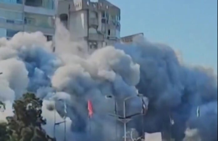 Damage to apartment building in Beirut’s Dahiyeh after Israeli airstrike.